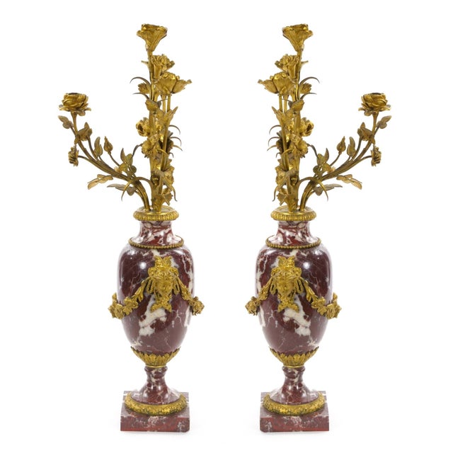 French French Louis XVI Style Candelabra / White-Veined Red Marble & Gilt Bronze, 1885 For Sale - Image 3 of 18