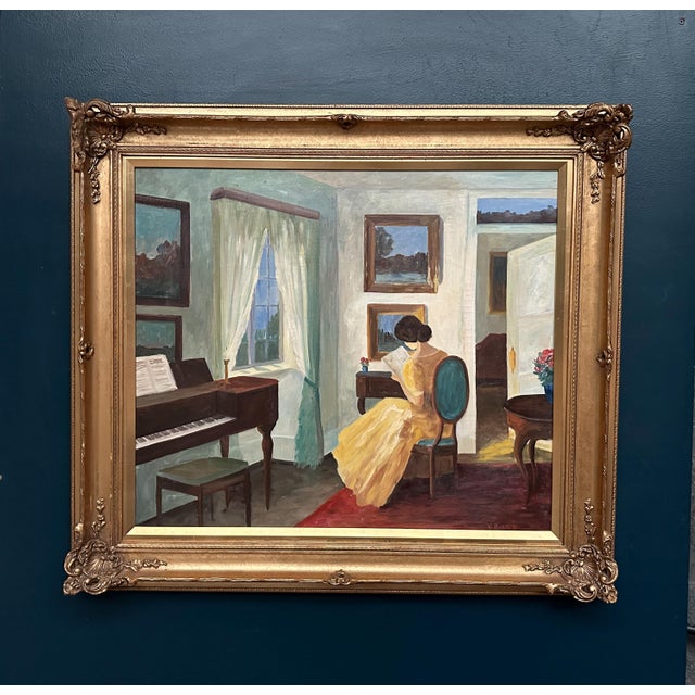 Original scandinavian oil on canvas – “interior with reading woman” by v. Hansen – signed – vintage & framed – 83 × 92 cm...