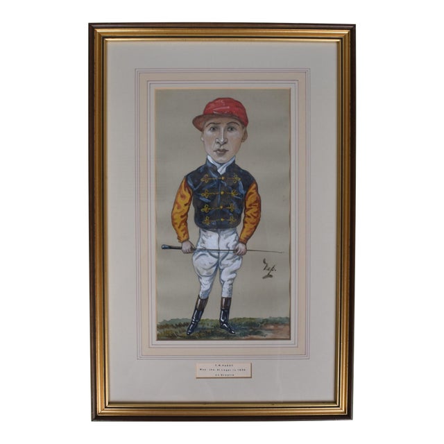 f.w. Hardy Won the St Leger in 1902 on Sceptre Jockey Pastel Watercolour Caricature Portrait by Nap For Sale
