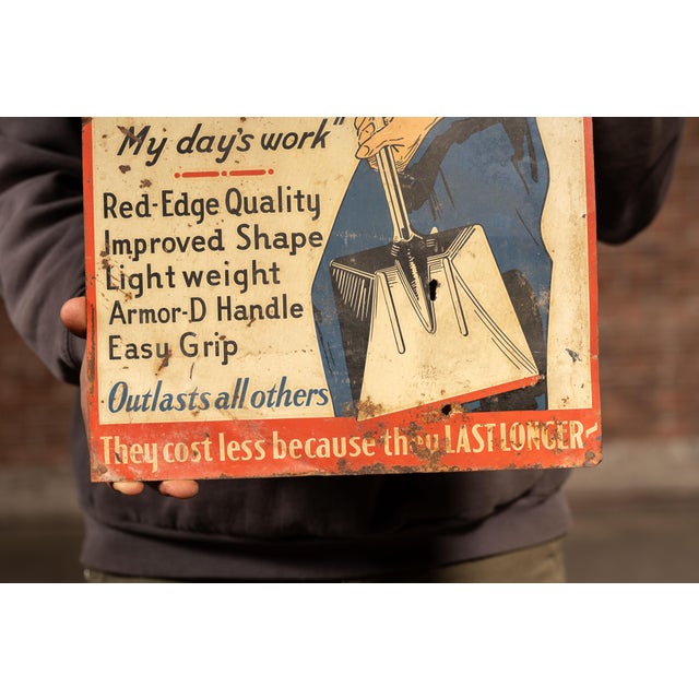 Vintage "Red Edge" Shovels Embossed Tin Advertising Sign For Sale - Image 4 of 5