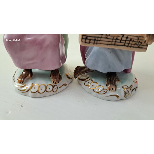 1980s Chelsea House Porcelain Monkey Band Singer Figurines, Pair, Meissen Style Rococo Musicians For Sale - Image 12 of 14