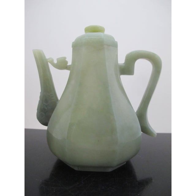 Chinese Chinese Qing Dynasty Green Carved Jade Octagonal Teapot With Bird Carved Handle For Sale - Image 3 of 11