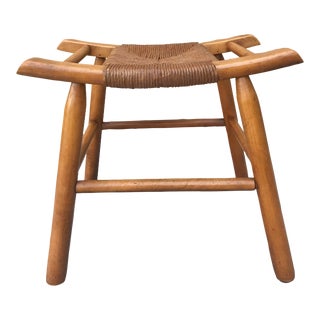 Vintage Wood and Woven String Mini Ottoman For Sale