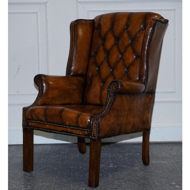 Gold Set of Chesterfield Wingback Armchairs in Hand Dyed Brown Leather, 1960s For Sale - Image 8 of 18