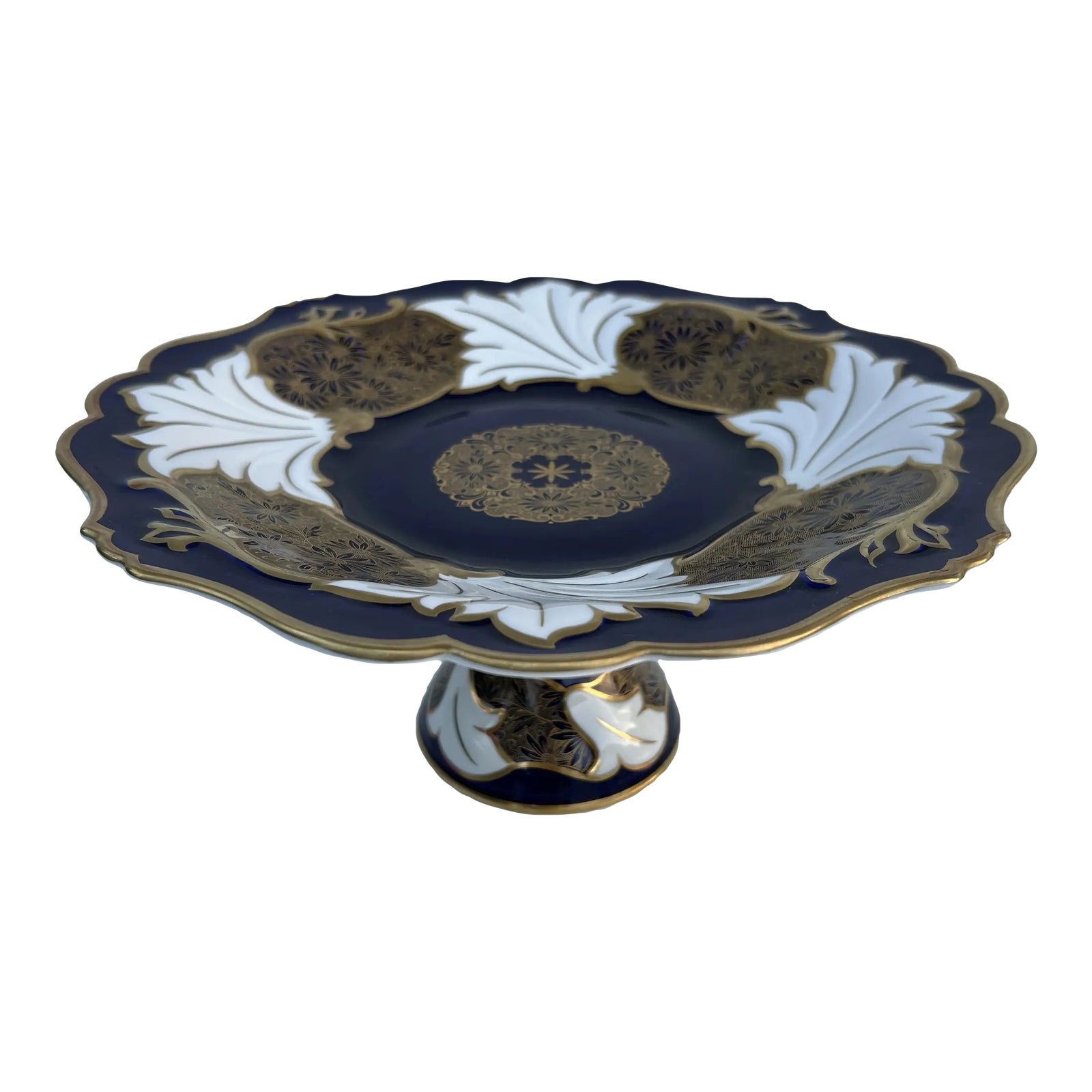 Vintage Porcelain Weimar Cobalt Blue & Gold Pedestal Serving Plate