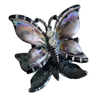 Mid Century Gunmetal Butterfly Brooch With Iridescent Wing Panels For Sale
