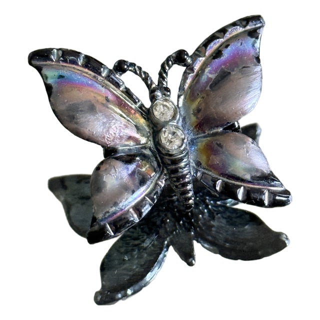Mid Century Gunmetal Butterfly Brooch With Iridescent Wing Panels For Sale