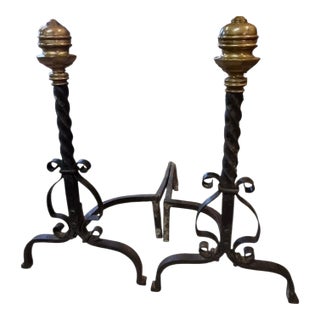 Handsome Antique Baroque Wrought Iron and Brass Fireplace Andirons For Sale