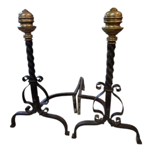 Handsome Antique Baroque Wrought Iron and Brass Fireplace Andirons