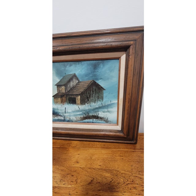 Textile 1970s Americana Farmhouse Landscape Original Oil Painting by Everett Woodson For Sale - Image 7 of 11