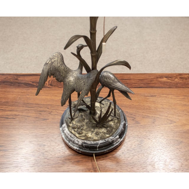Black Table Lamp with Crane Bird Scene in Brass on Black Marble Base from Agudo, 1940s For Sale - Image 8 of 9