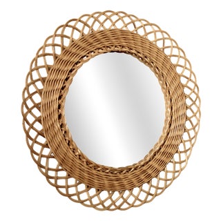 Mid-Century Modern French Round Rattan Mirror, 1950s For Sale