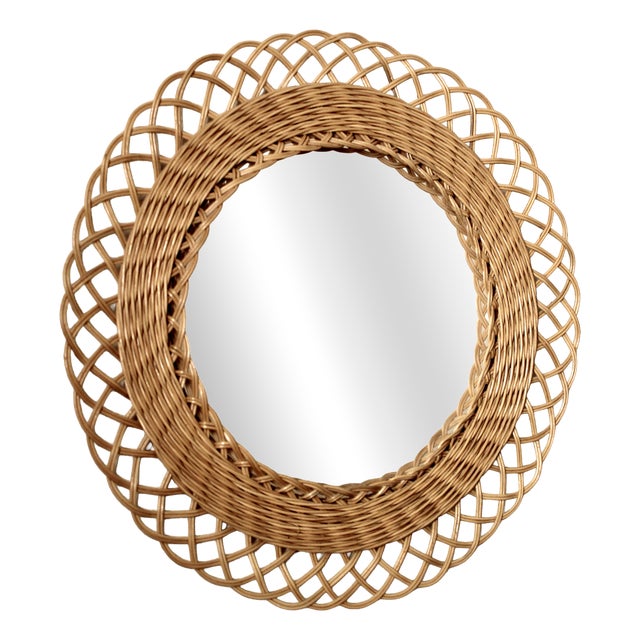 Mid-Century Modern French Round Rattan Mirror, 1950s For Sale