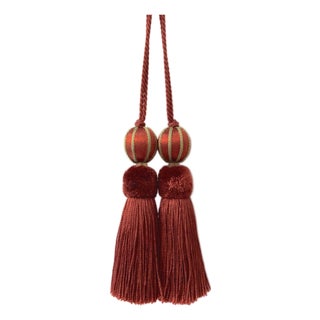 Beaded Key Tassel in Terracotta Red and Gold Satin With Cut Velvet Detail For Sale