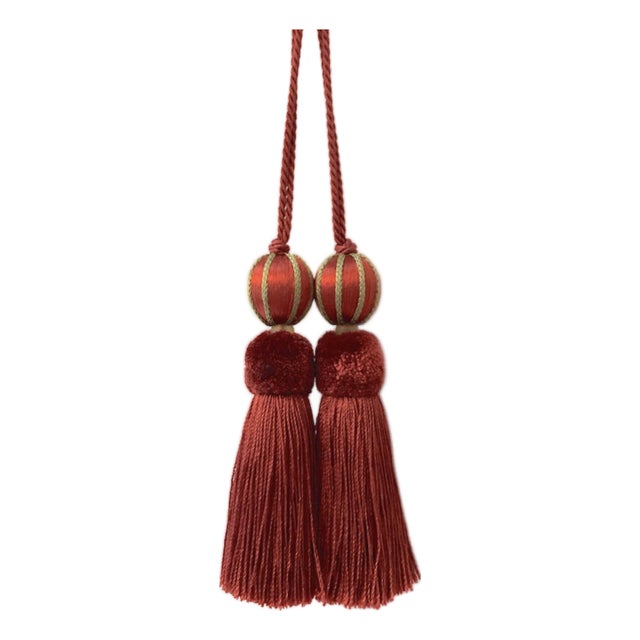 Beaded Key Tassel in Terracotta Red and Gold Satin With Cut Velvet Detail For Sale