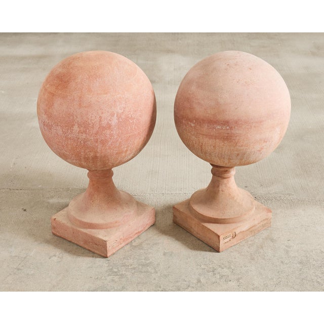 Pair of Tuscan Terracotta Garden Sphere Finials on Pedestals For Sale - Image 4 of 18
