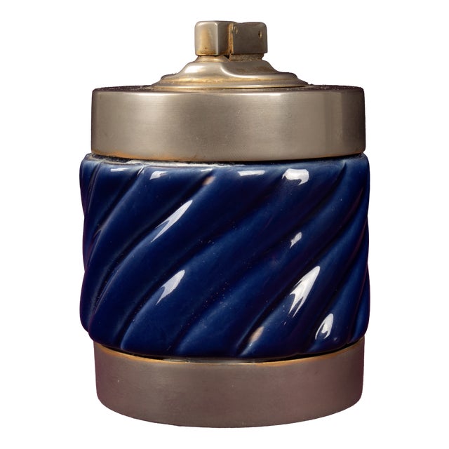 Blue Glazed Ceramic and Brass-Toned Metal Table Lighter by Tommaso Barbi, 1970s For Sale