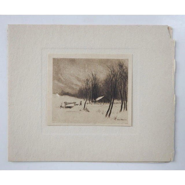 Vintage circa 1930's tiny winter farm scene etching tipped onto Christmas card. Unframed, image size 2.5" x 2", age toning.
