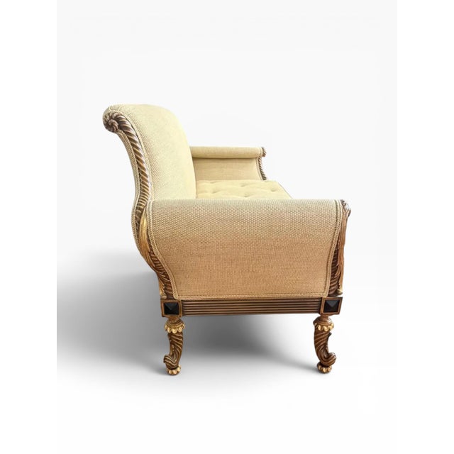 1980s Vintage Carved Wood Settee With Gold Leaf Accents and Textured Upholstery For Sale - Image 5 of 11