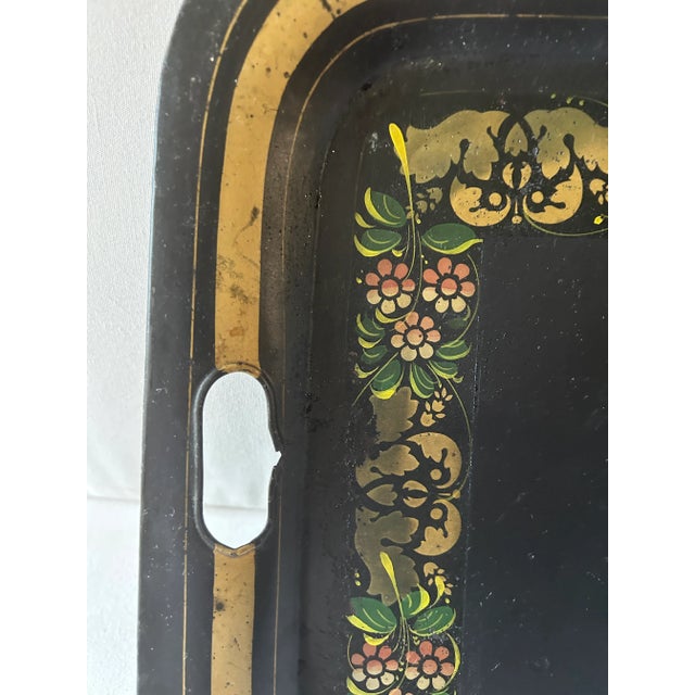 Antique Folk Art Black and Gold Tole Metal Tray For Sale - Image 10 of 11