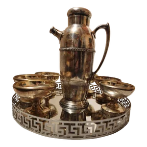 1940s Art Deco Silverplated Cocktail Shaker Set With Mirrored Silvertone Tray and Set of 6 Silverplated Champagne Glasses