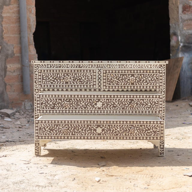 Arabesque Bone Inlay Four Drawer Chest - Grey by House of Jaipur For Sale - Image 4 of 7