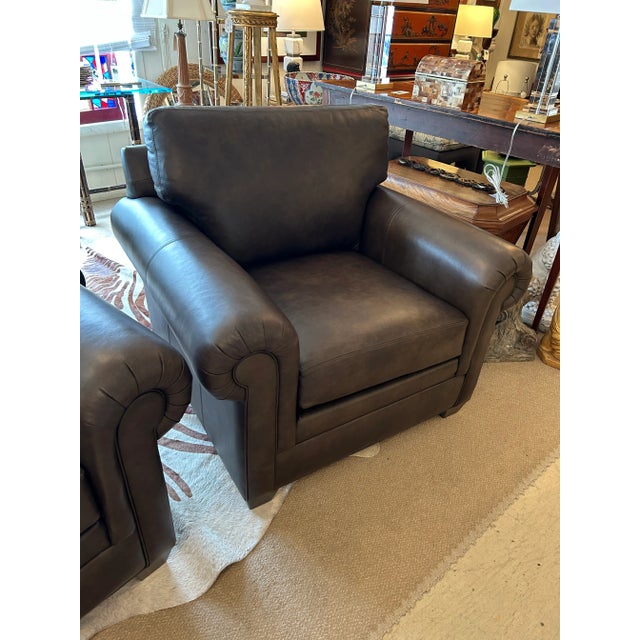 Ethan Allen Large Brown Leather Ethan Allen Club Chairs-a Pair For Sale - Image 4 of 10