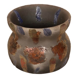 Signed Studio Pottery Raku Ceramic Vessel With Metallic Copper Glaze and Abstract Brushwork For Sale