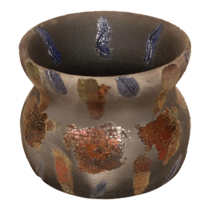 Signed Studio Pottery Raku Ceramic Vessel With Metallic Copper Glaze and Abstract Brushwork
