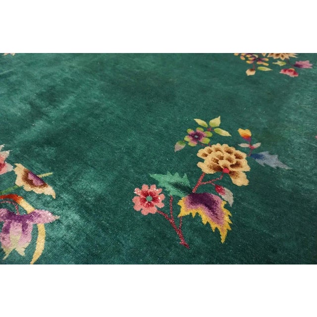 1920s Green Flowers Modern Antique Chinese Art Deco Carpet 8'9" X 11'6" Knotted Pile Wool Rug For Sale In New York - Image 6 of 9