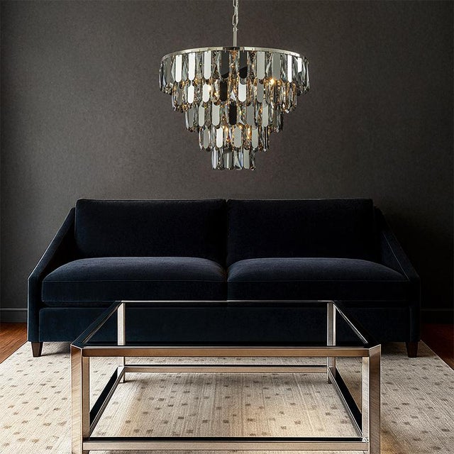Aloadecor 6-Light Dimmable 5-Tier Smoked Crystal Chandelier 22" Modern Pendant Light Fixture With Polished Nickel Finish and Stainless Steel Accents For Sale - Image 4 of 6