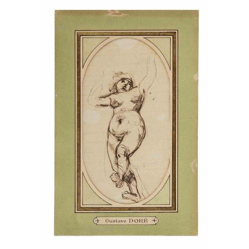 Pen and black ink on paper, mounted within a decorative printed border bearing the artist's name. A lively and expressive...