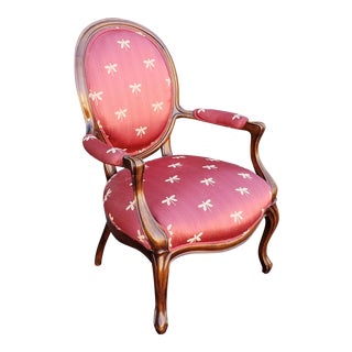 Walnut Frame French Louis Style Armchair W/ Dragonfly Material C1980s For Sale