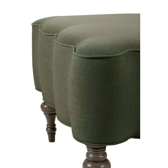 Transitional Mirasol Scalloped Ottoman, Moss Linen For Sale - Image 3 of 6