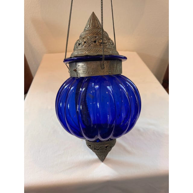 Moroccan Large Vintage Cobalt Blue Hanging Decorative Glass Ornament With Ornate Pierced Metalwork For Sale - Image 3 of 7