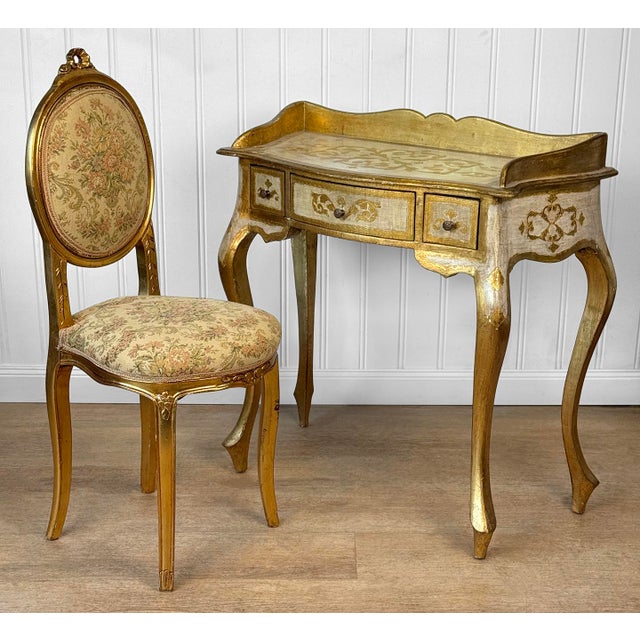 An Original Italian Florentine Vanity Desk with Chair Gold Giltwood with Wonderful Detailing Throughout Desk Has 3 Storage...
