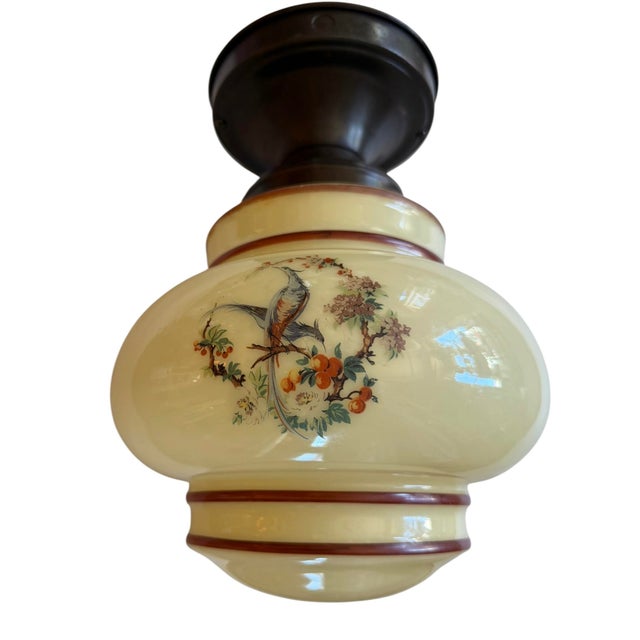 1930s Art Deco Ceiling Light Fixture With Painted Bird and Flower Motif For Sale - Image 10 of 10