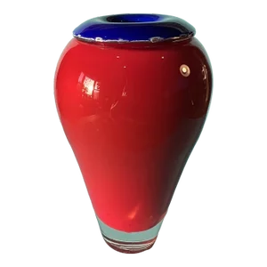Gathering 2002 Blue Red Art Glass Vase Bulbous Body Inverted Blue Glass Lip