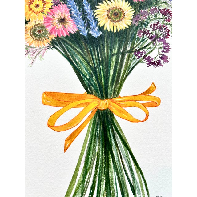 Watercolor Painting Original “Strawflower Bouquet” Framed For Sale - Image 4 of 10