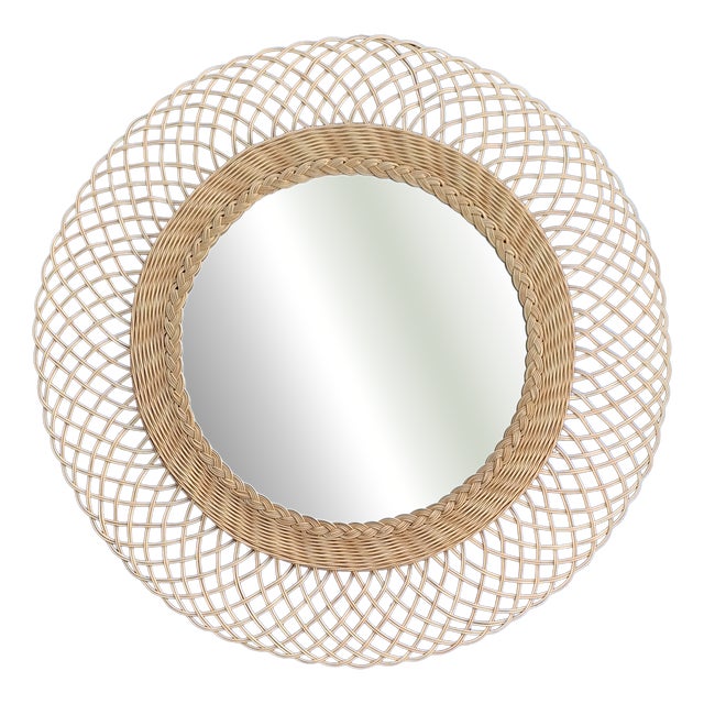 Vintage Wall Mirror with Wicker Frame, 1970s For Sale