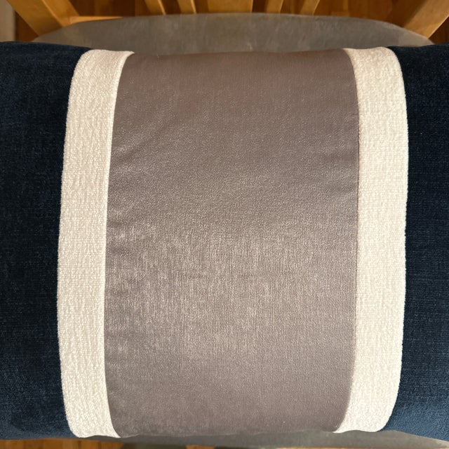Handcrafted decorative pillow case. Block/stripe navy, off white and silver front velvet with solid navy back, 14”X20”,...