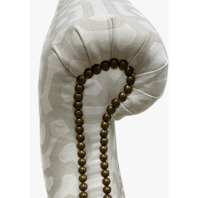 Pair of Contemporary Camelback Chairs in White-Cream Linen Fabric With French Style Nailheads For Sale - Image 10 of 11