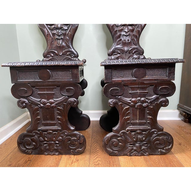 Traditional Pair of 19th-Century Italian Renaissance Revival Carved Walnut Sgabelli Chairs For Sale - Image 3 of 12