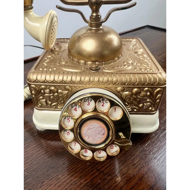 Vintage French Style Brass Rotary Telephone With Ornate Repoussé Cream Enamel Base For Sale In New York - Image 6 of 16
