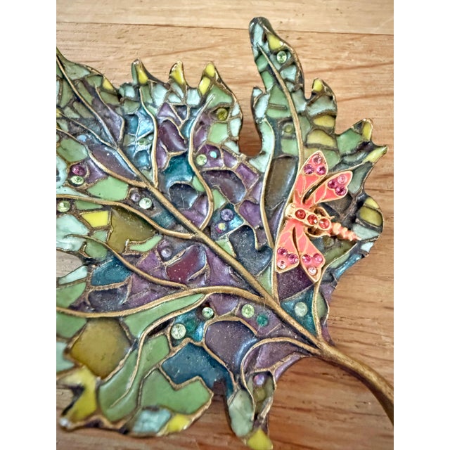 2000 - 2009 Jay Strongwater Enameled & Swarovski Decorative Leaf With Dragonfly For Sale - Image 5 of 6