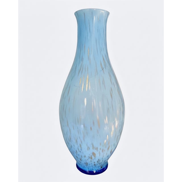 1970s Italian Murano-Style Handblown Blue Art Glass Vase With Gold and Silver Flecks, 21" For Sale