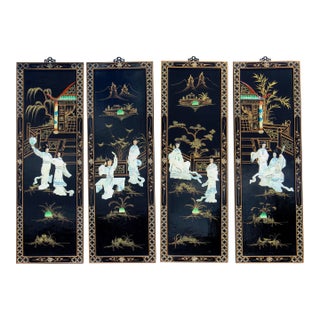 Vintage Chinese Black Lacquer Mother-of-Pearl Inlay Wall Panels - Set of 4 Chinoiserie Scenic Figures & Pagoda Landscape Art For Sale