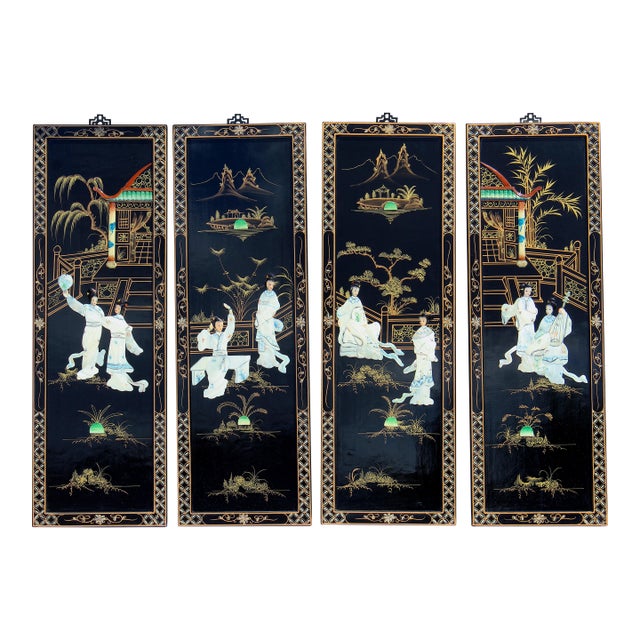 Vintage Chinese Black Lacquer Mother-of-Pearl Inlay Wall Panels - Set of 4 Chinoiserie Scenic Figures & Pagoda Landscape Art For Sale