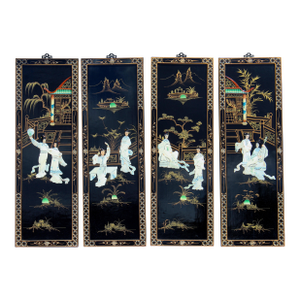 Vintage Chinese Black Lacquer Mother-of-Pearl Inlay Wall Panels - Set of 4 Chinoiserie Scenic Figures & Pagoda Landscape Art