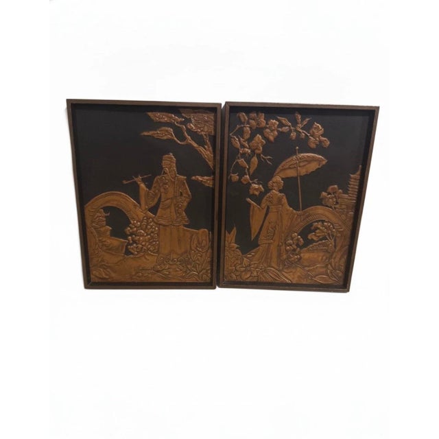 Mid-Century Modern Vintage Mid-Century Asian Copper Repoussé Wall Plaques - A Pair For Sale - Image 3 of 10
